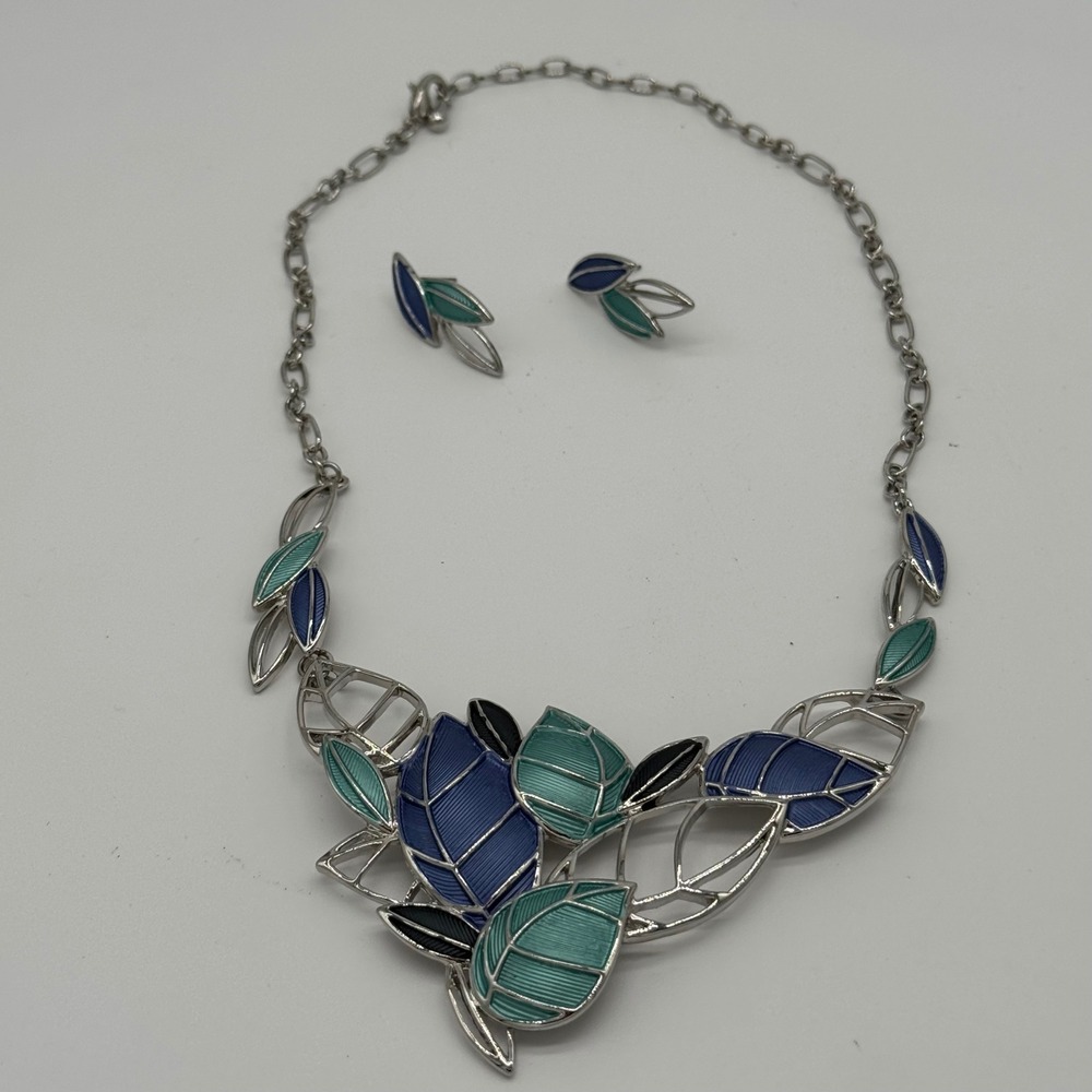 Vintage Mid Century Enamel Leaf Collar Necklace Pierced Earring Set Blue Teal